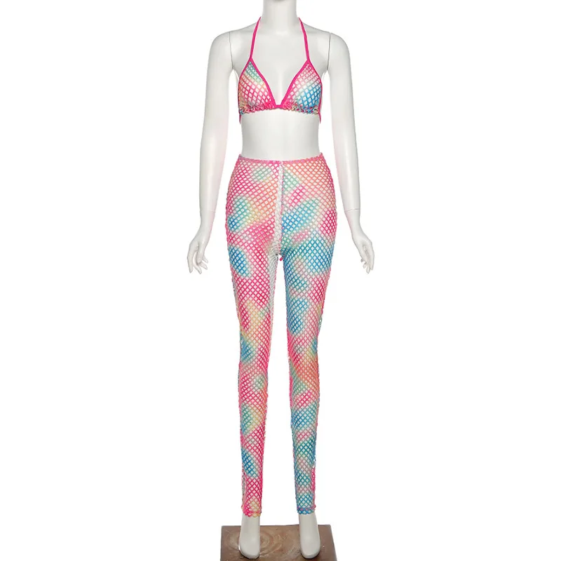 

Sexy See Through Two Piece Set Women Summer Hollow Out Sexy Streetwear Fashion Skinny Sexy Sleeveless Halter Bikini Plaid Pants, As picture show