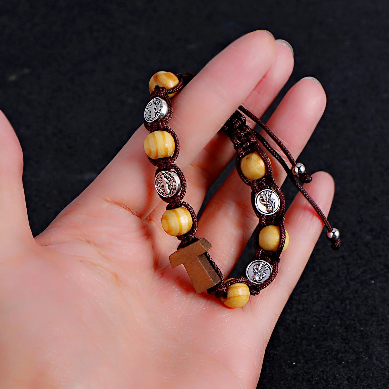 

KOMI Classic Christianity Handmade Braided St Mary Wood Beads Beaded Bracelet Cross Prayer Bracelets Rosary Bracelet