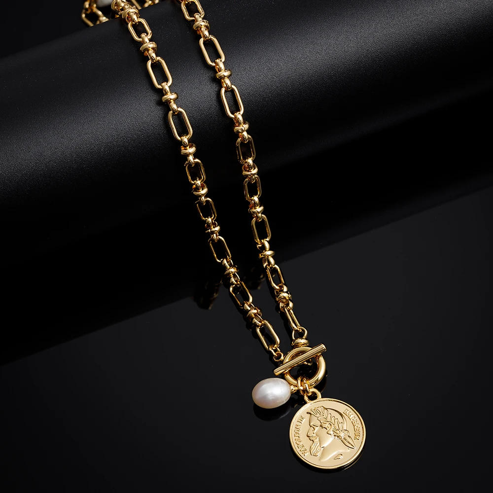 

Freshwater Pearl Coin pendant Necklace Gold Choker Necklace Disc Coin Pearl Charm chunky Necklace for Women girls