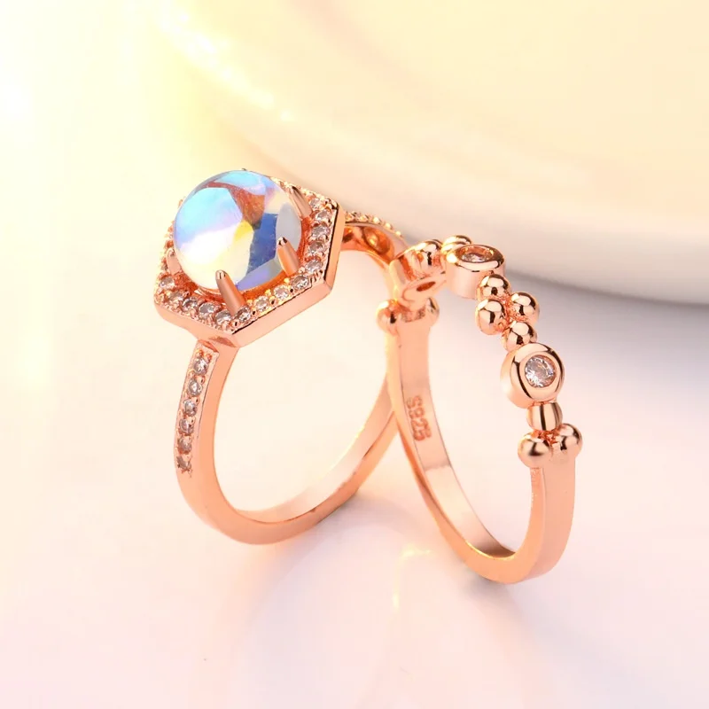 

Double Fair Luxury Semi-precious moonstone Rings Set For Women Rose & Gold-Color Midi Ring Fashion Jewelry For Girls
