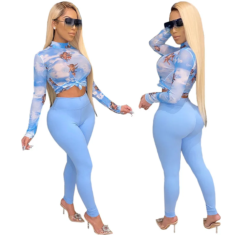 

Cheap corset and Legging mock neck long sleeve crop tops sexy slim fit breathable two piece pants set for women