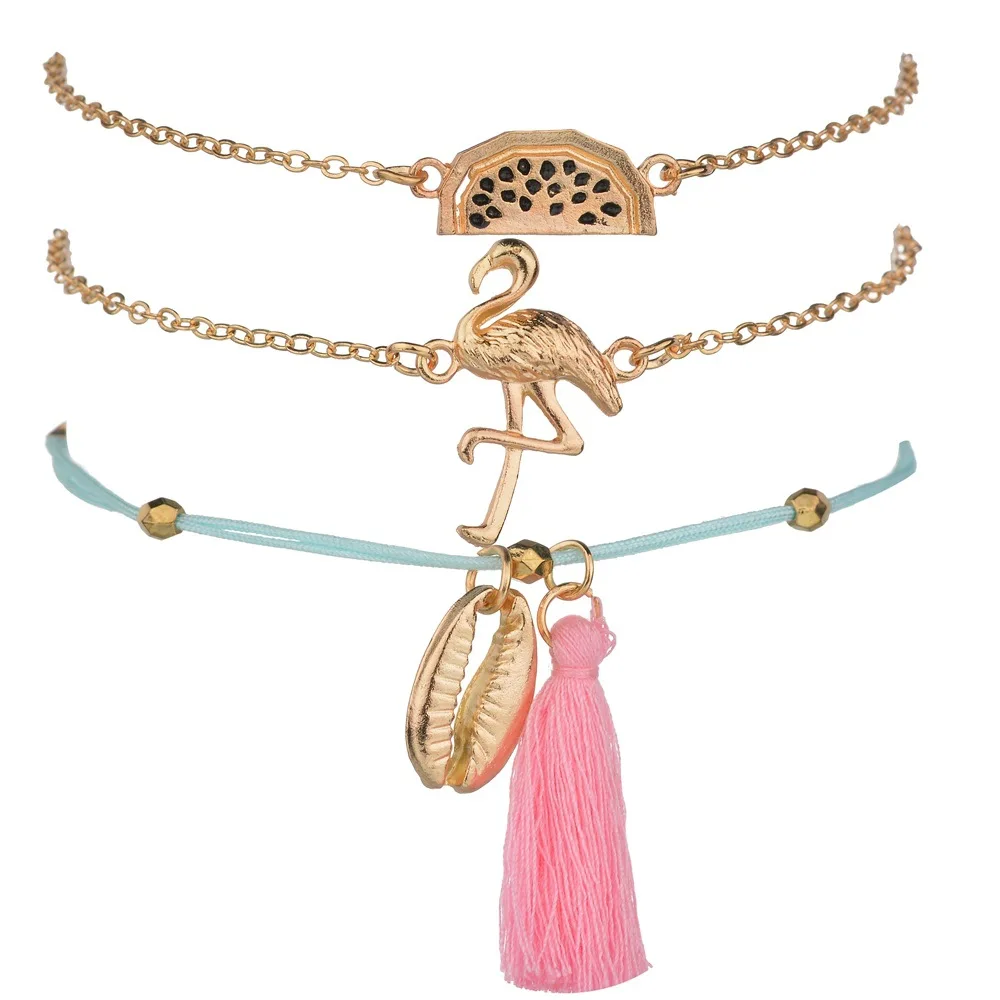 3 Pcs Jewelry Metal Flamigo Watermelon Shell Women Vintage Boho Tassel Bracelet Set