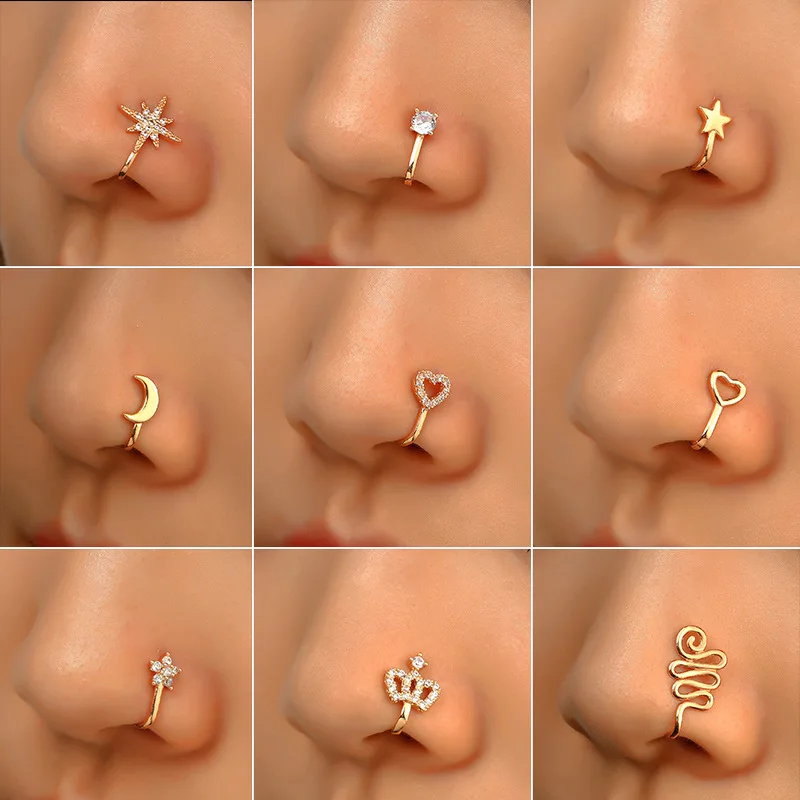 

Faux cc clip on dangle nose ring piercing jewelry indian designer face fake nose ring bulk hoop for women studs pin nose cuffs