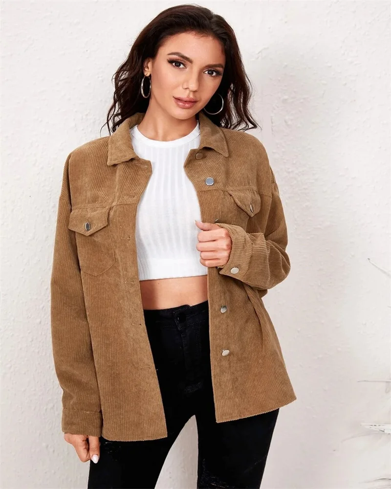 

Women's Corduroy Shirt Jacket Autumn Ladies Solid Coat Casual Long Sleeve Lapel Tops Loose Jacket