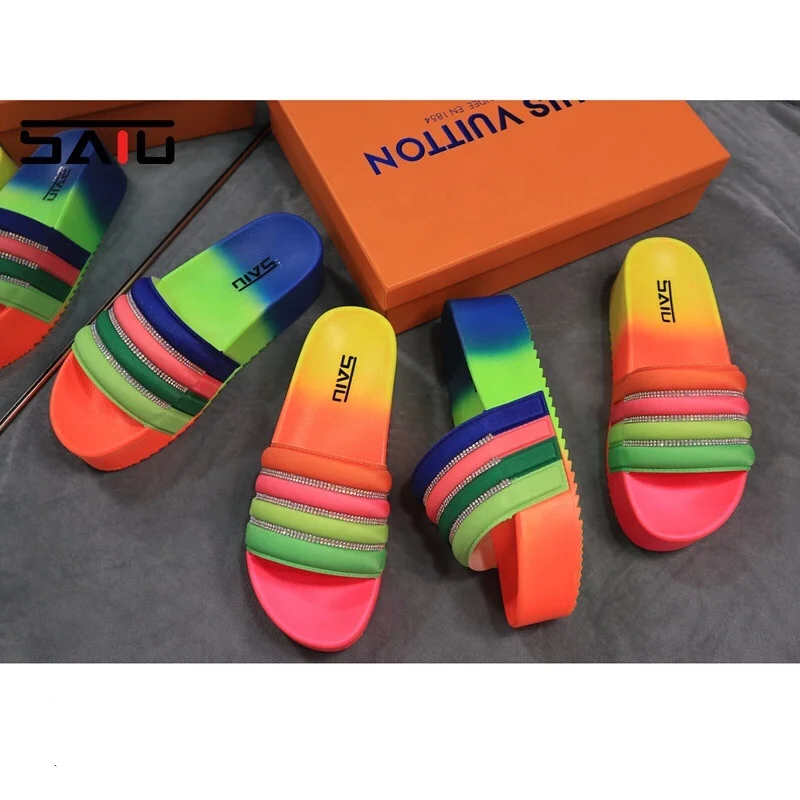 

HOT SALE WOMEN WEDGES RHINESTONE HIGH HEEL PLATFORM SANDALS FOR OUTDOOR RAINBOW SANDALS WOMEN, Pink, blue, green, black