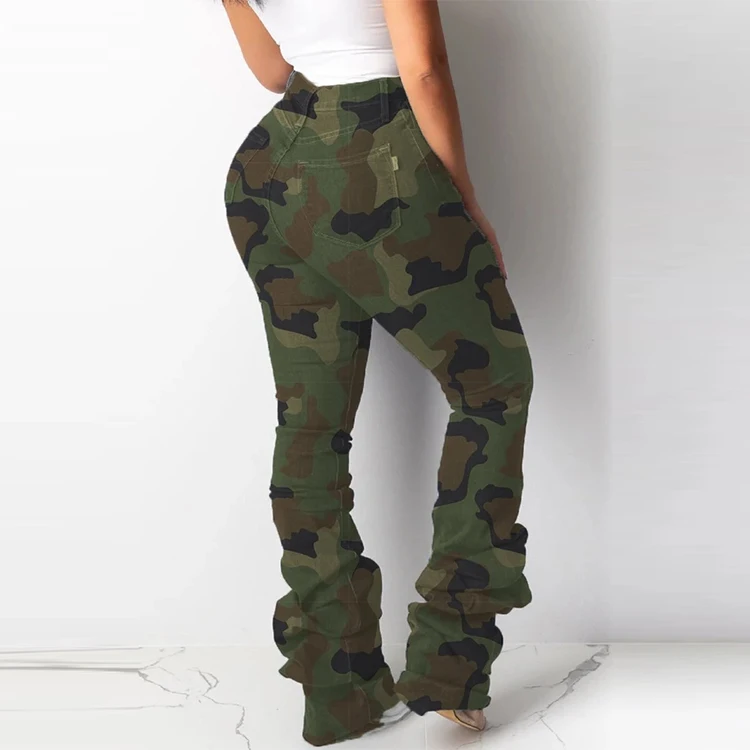 All Over Camouflage Printed Pants Womens Hole Distressed Stacked Pants ...