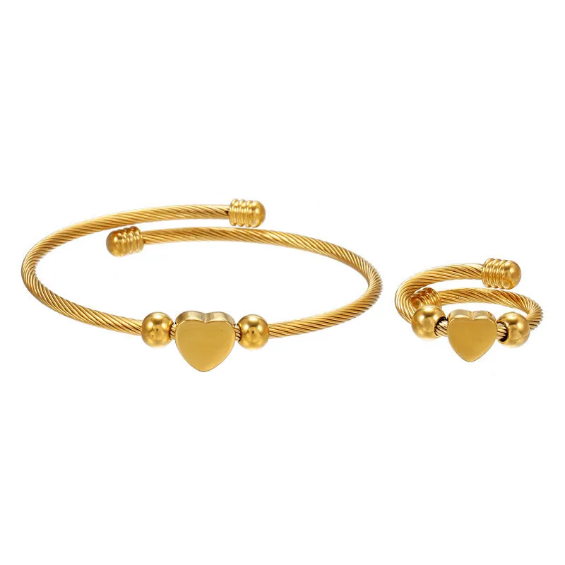 

Heart Stainless Steel Rose Gold Plated Bangle Bracelet Ring Set Girls Stainless Steel Womens Heart Cuff Bracelet Provide Custom, Rose glod/black