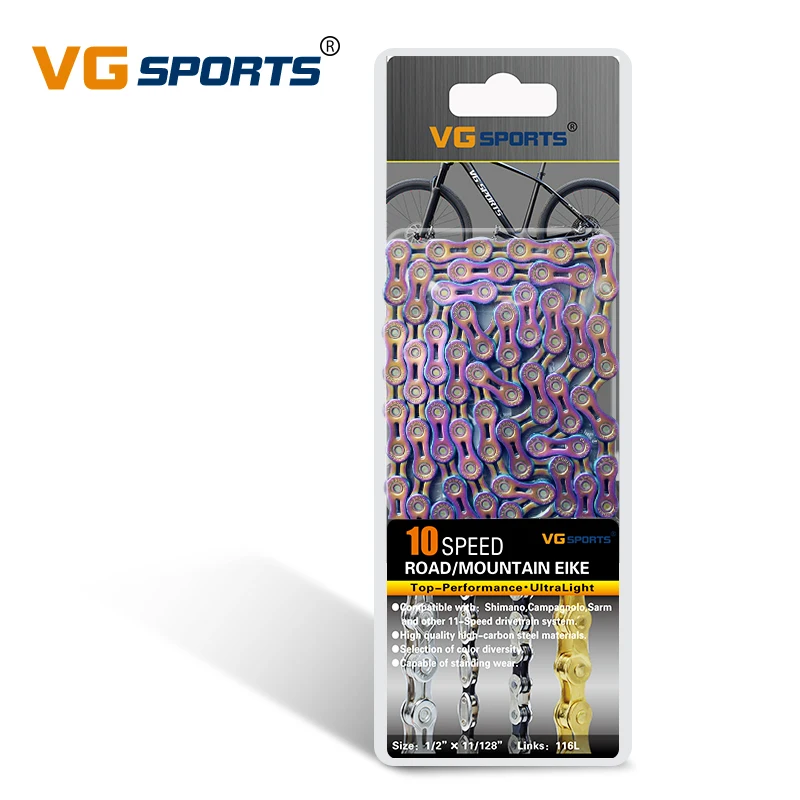

VG Sports Ultralight 10 Speed Bicycle Chain Bike Chain Half Hollow 116L rainbow/colorful Mountain MTB Road Bike Chains, Silver