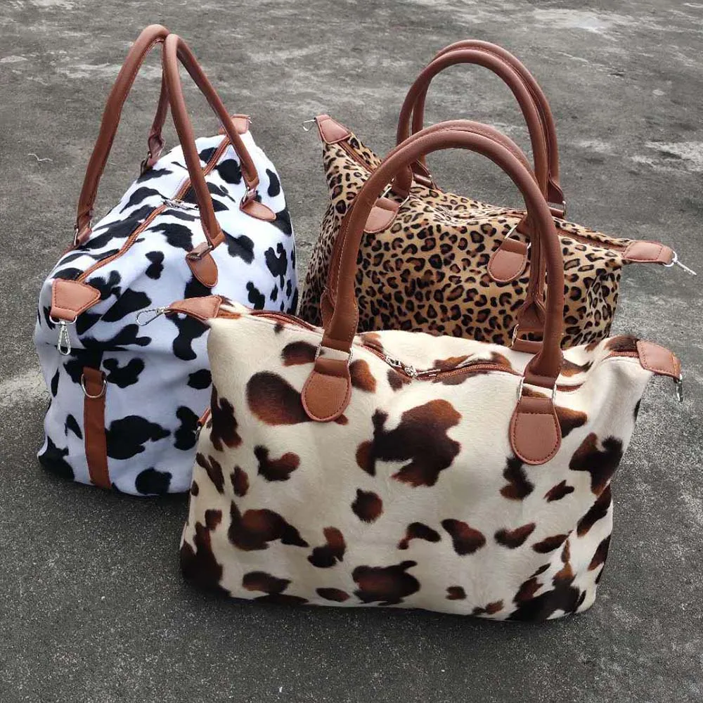 

Wholesale Cow Hide Travel Bags Fannal Leopard Duffel Bags Customized Cow Print Weekend Duffle Bags DOM-1081610, White, brown, leopard