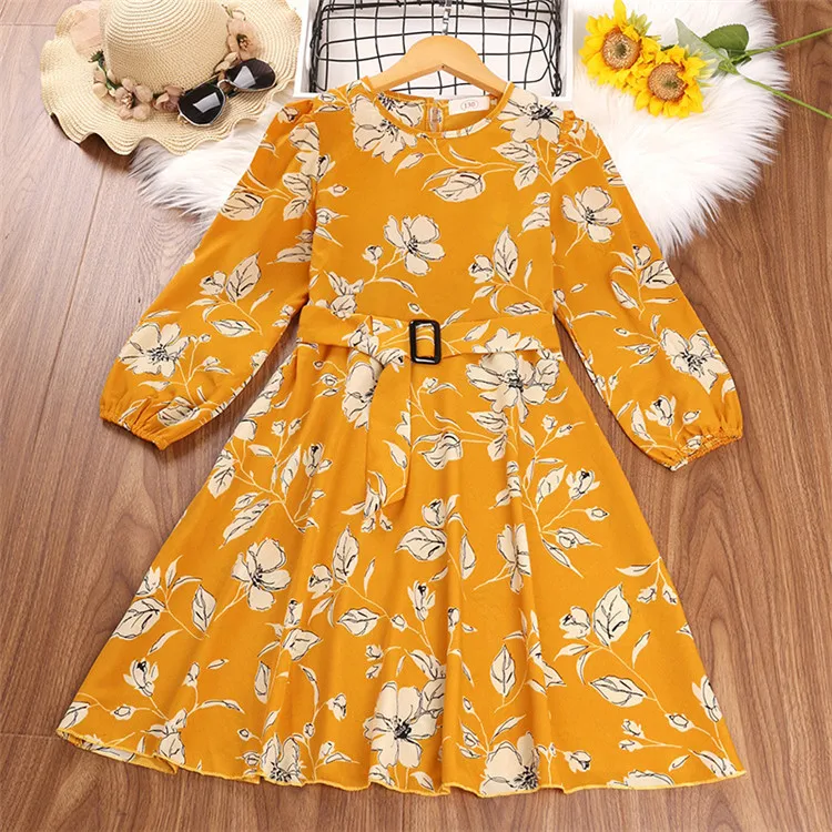 

2022 Girls Clothes 8 Years Old Long Sleeve Ruffle Princess Dress Girls Fashion Clothes Floral Printing Kids Clothing Girl, Yellow