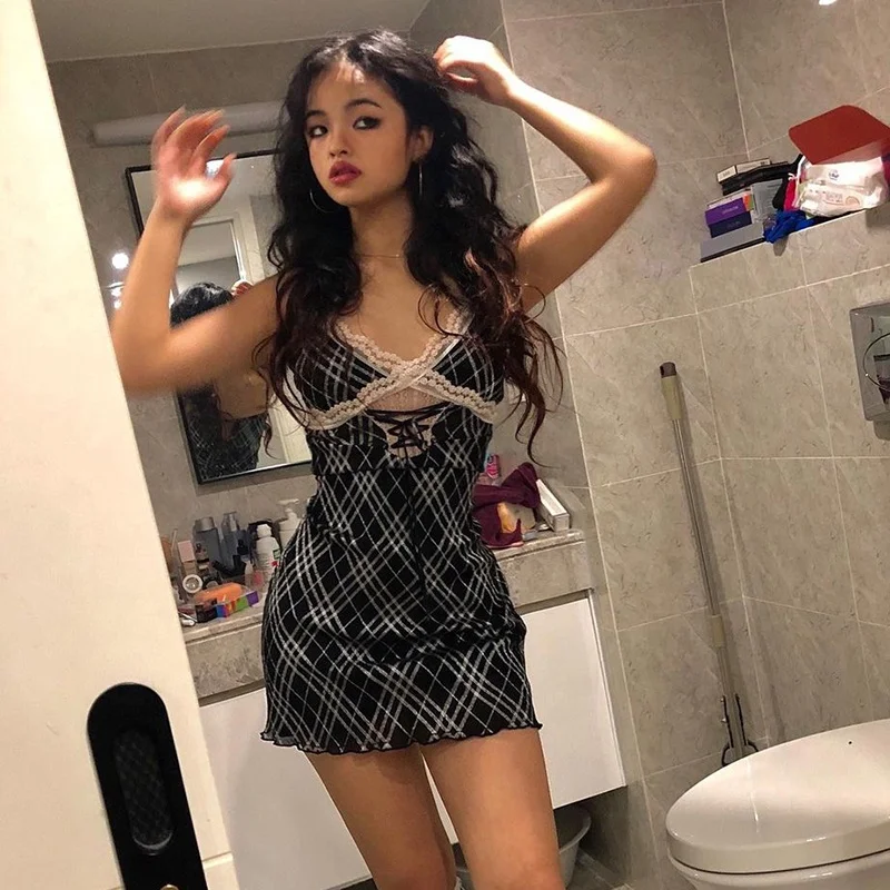 

Wholesale Women Elegant Plaid Mini Dress Black Lace Patchwork Sexy V-Neck Bodycon Summer Casual Dress For Ladies Cami Dress, Purple, green, black