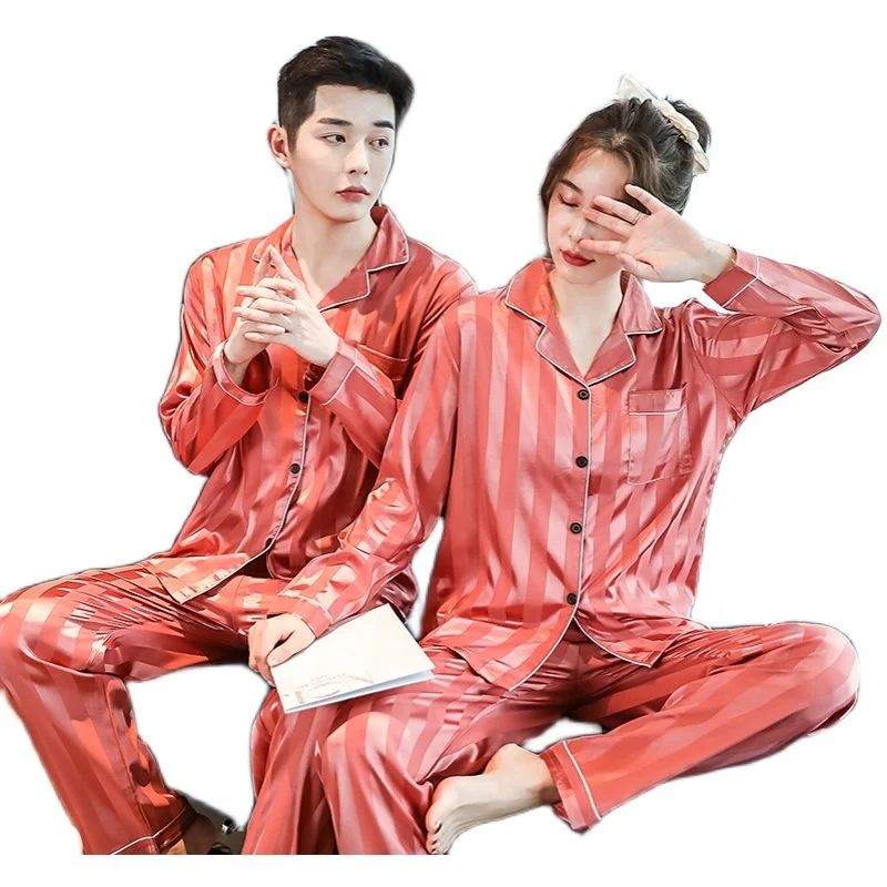 

Good Selling High Quality Pure Color Silk Couple Pajama Sets Two Piece Casual Home Cute Lovers Sleepwear Set, Red
