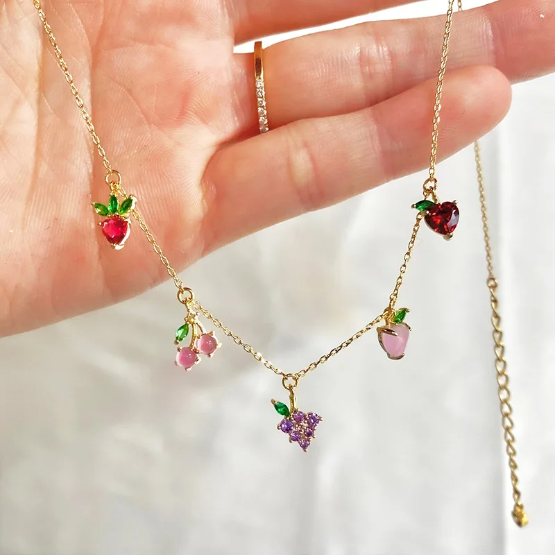 

Summer Hot Cute Korean Fashion Jewelry 18k Gold Plated Cherry Grape Peach Multiple Fruits Charm Choker Necklaces For Women, Golden