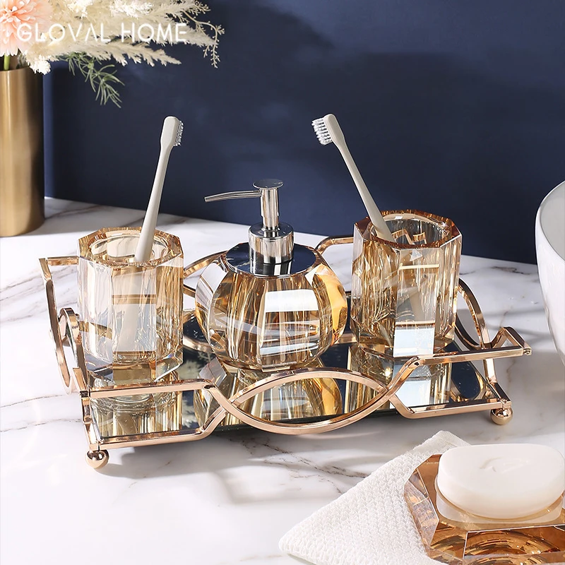 

FF310 Northern Europe Luxury Bathroom Set For Home Hotel Lotion Bottle Soap Dish Crystal Bathroom Accessories, Gold/gray