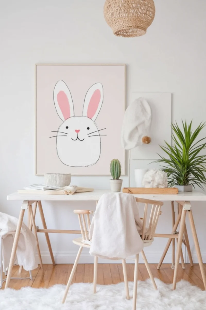 A warm, inviting living room with a mix of bunny decor elements and a real rabbit lounging on a custom-designed pet bed