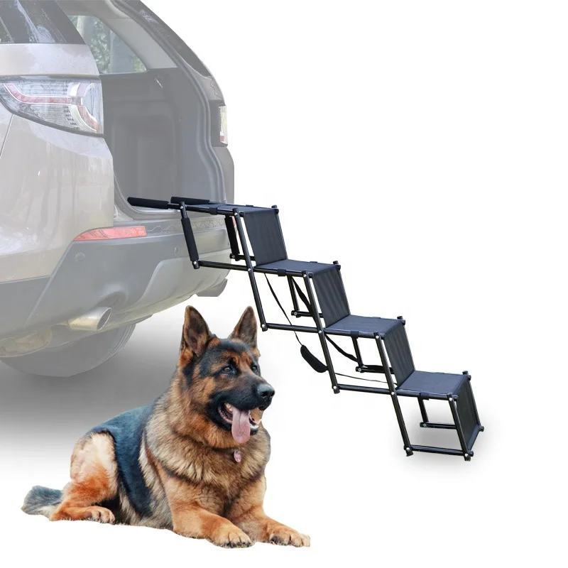 

Outdoor 4 Steps Portable Collapsible Pet Step Car dc-dc Steps Down Accordion Metal Frame Dog Stair Oxford Fabric with Partition, Black, blue and red