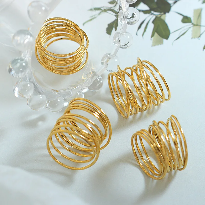 18k Gold Plated Stainless Steel Irregular Ten Thin Circle Hollow Design Rings Waterproof Jewelry