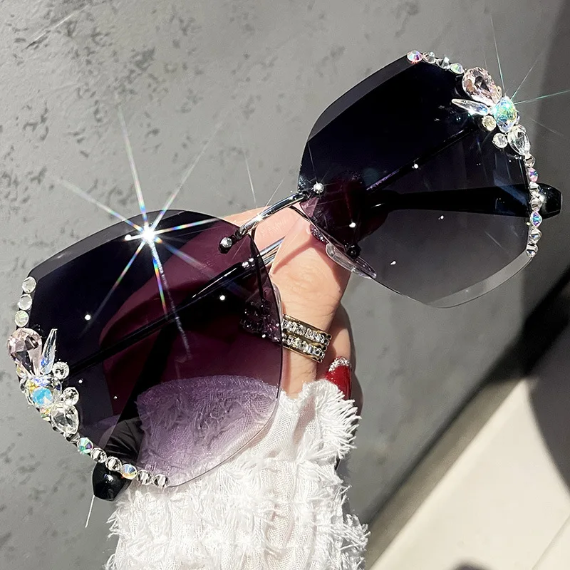 

Fashion Luxury Sunglasses Rhinestone Sun Glasses Vintage Cutting Rimless Shades Big Diamond Eyewear Gafas De Sol Mujer 2022