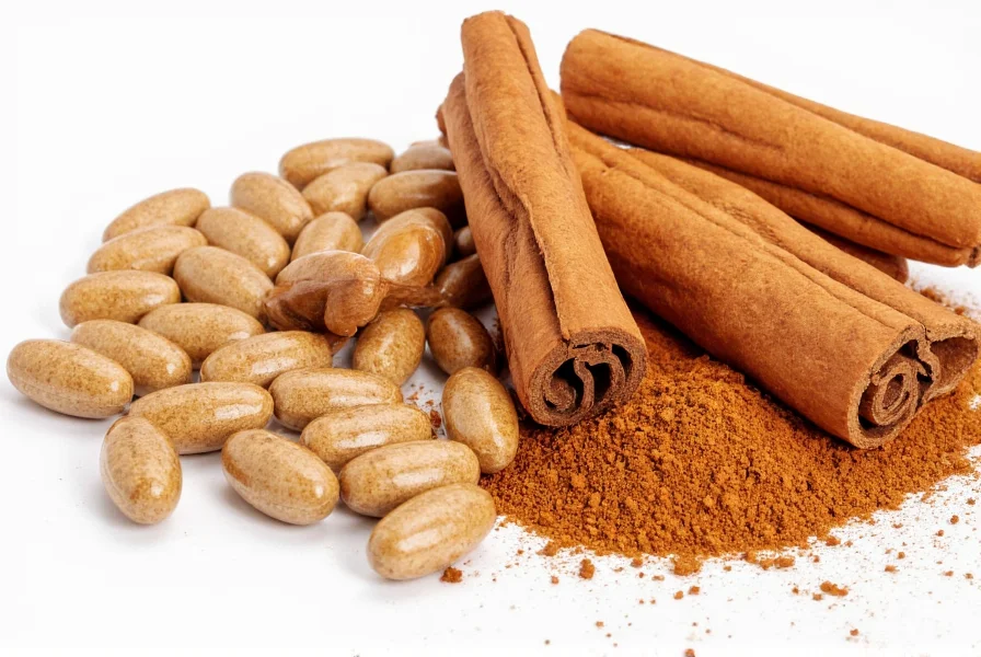 Cinnamon capsules next to fresh cinnamon sticks showing comparison between supplement form and raw spice