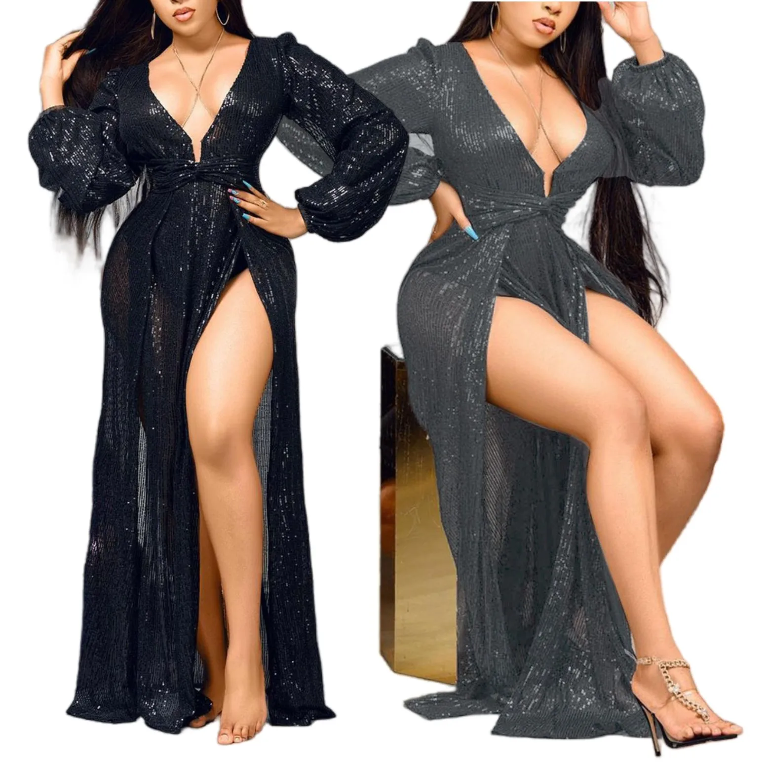 

YQY8841 2022 New Design Lantern Sleeve Dress Deep V Neck Sexy Party Dress Women Sexy Black Dress With Split