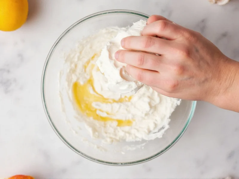 Hand mixing whipped cream and condensed milk in glass bowl