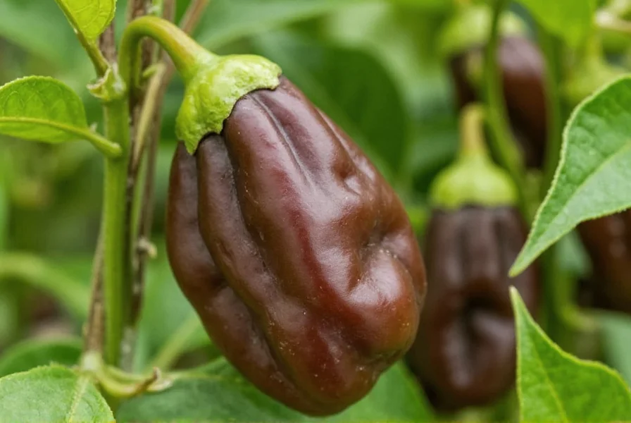 Close-up view of mature 7 Pot Douglah peppers showing chocolate-brown coloration and distinctive wrinkled texture on plant