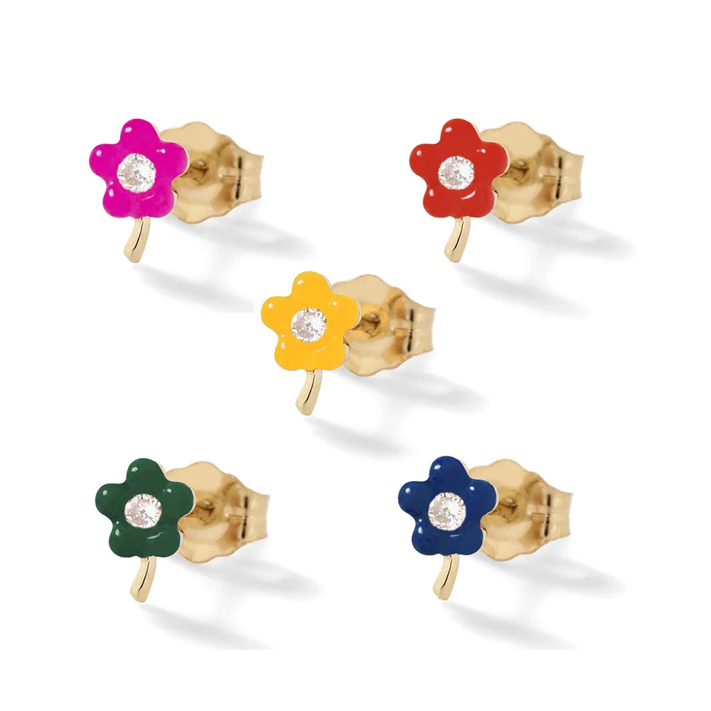 

5PCS Mini Gold Plated Colorful Flower Stud Earrings Set Oil Dripping Diamond Flower Earrings