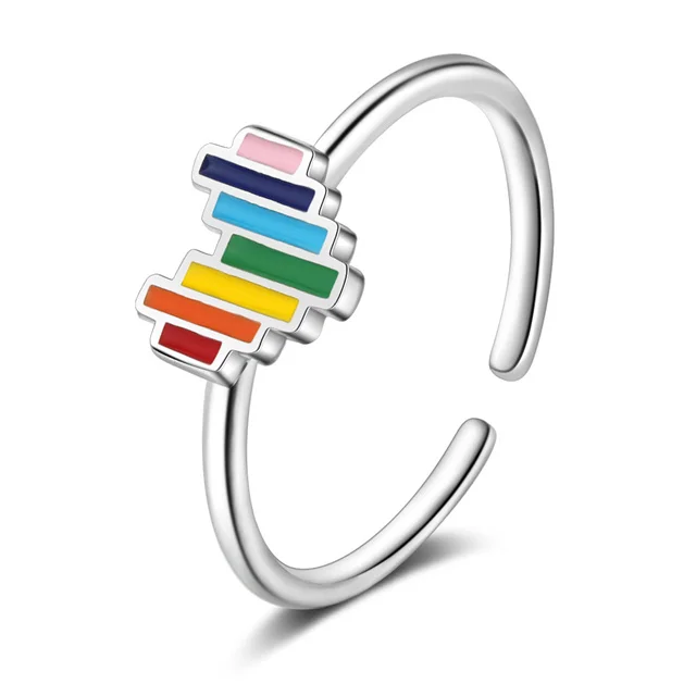 

New Woman Fashion Jewelry High Quality Rainbow Enamel Heart Ring Adjustable Size Open Ring, Platinum