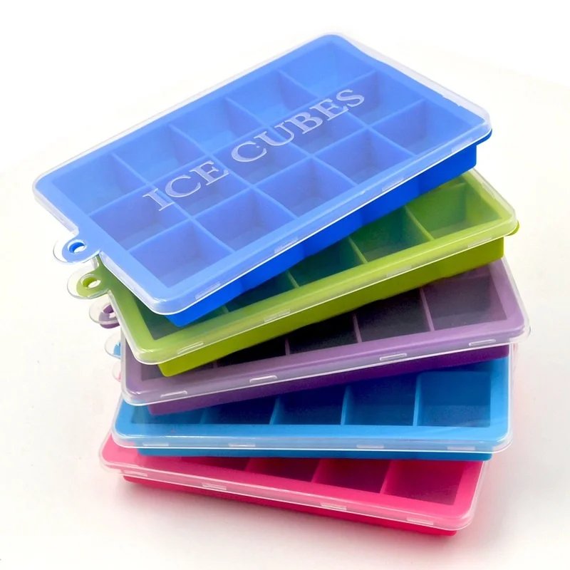 

15/24 cubes easy pop out silicone ice cube tray with plastic lid cover, Blue ,purple,green ,pink