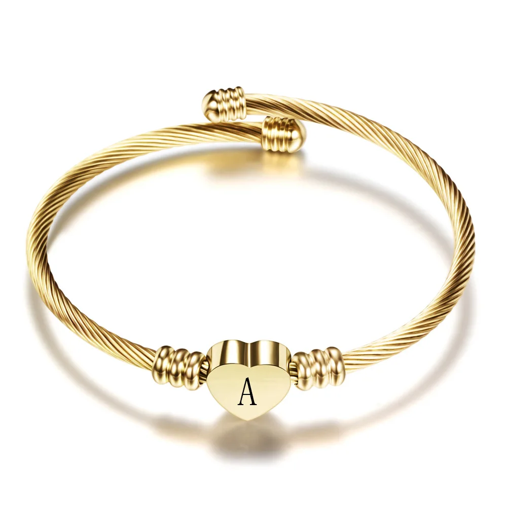 

2021 Fashion Heart Gold Initial Alphabet Bangle Bracelet Luxury Stainless Steel Adjustable Wire Cable Bangles Jewelry Women