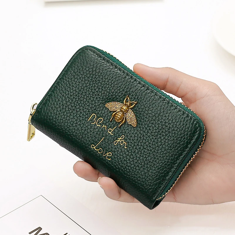 

Rfid First layer cowhide bee card holder wallet women men zipper key purse large capacity real leather wallet wholesale custom