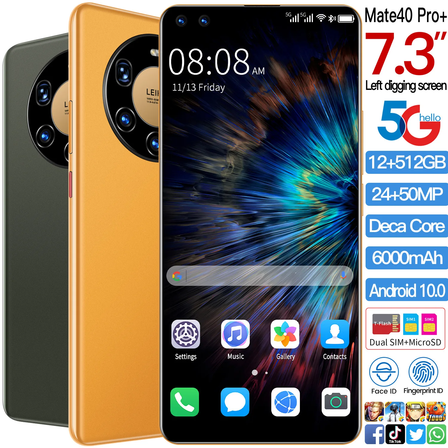 

Mate40 Pro+ Smartphone 7.3 Inch Full Screen Android 10.0 12G+512G Face Unlock Mobile Phone Cell Phone