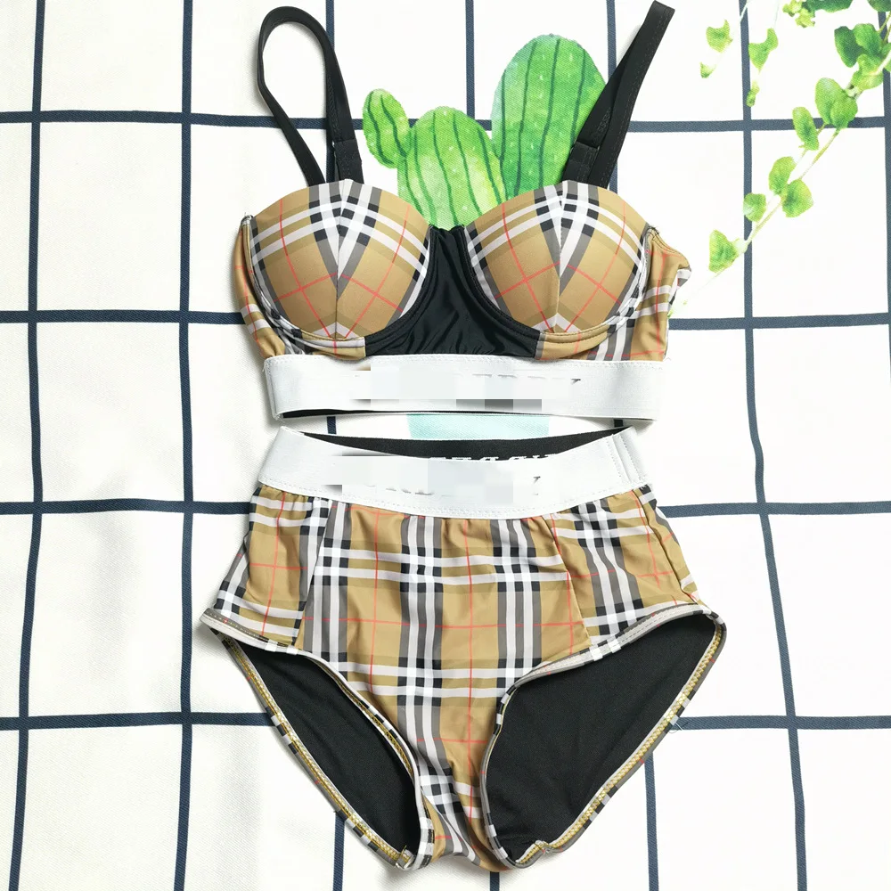 

2022 famous brand sexy hard-clad steel support gathered lattice printing ladies split conservative high-waist vacation swimsuit, As the picture shows