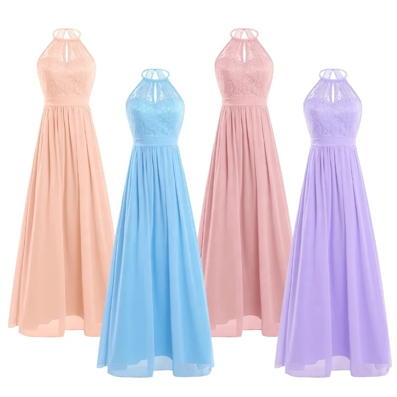 

Women Ladies High Neckline Halter Lace Floral Sleeveless A-line Chiffon Elegant Bridesmaid Dress Evening Party Prom Gown