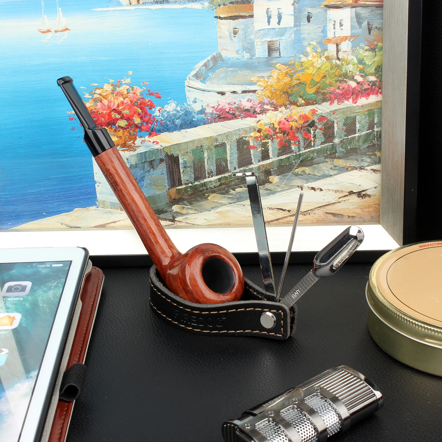 

Tobacco Pipe Stand Genuine Leather Smoking Pipe Set Holder for Tobacco Pipe, Black