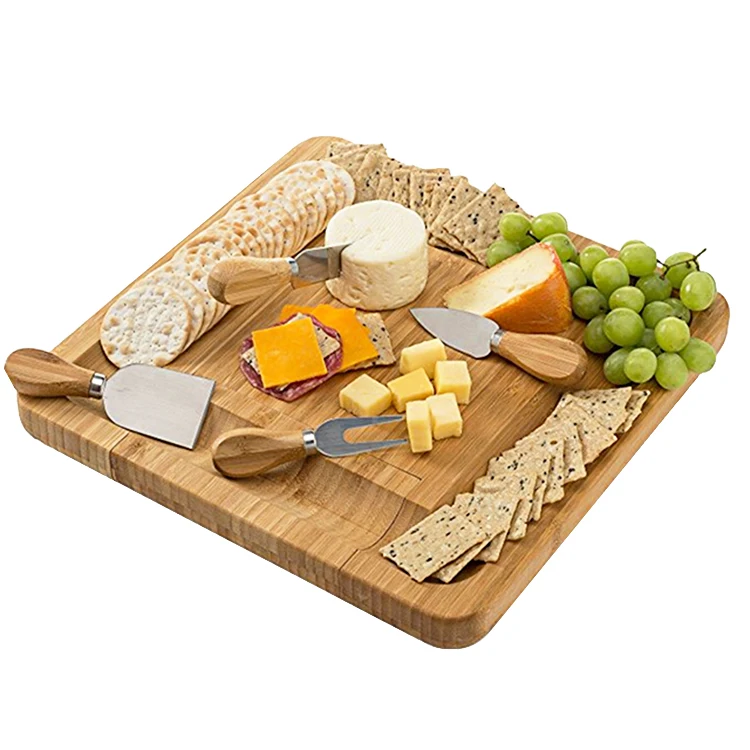 

Wholesale Bamboo Cheese Board And Knife Set Wooden Chopping Bamboo Cutting Board With Storage Box, Natural