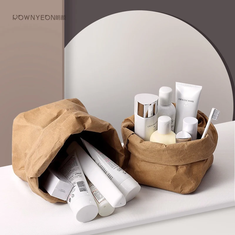 

Rownyeon Luxury Custom Washable Waterproof Gold Kraft Paper Make Up Cosmetic Bag