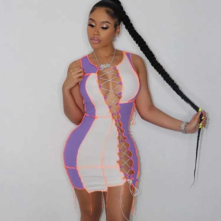 

2021 Stylish Women Apparels Contrast Color Tie Wrap Tight Fitted Short Dress Bodycon Patchwork Bandage Ladies Mini Dresses, Rose red,red,purple,orange