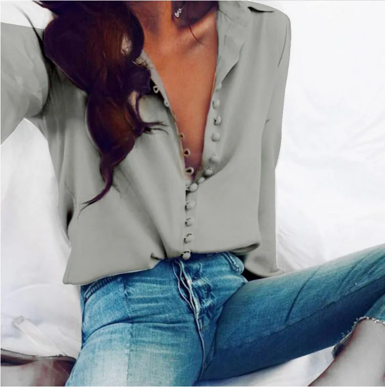 

European and American Large Lapel White Women's Fashion Casual Sexy Shirt Loose Long Sleeve Shirt