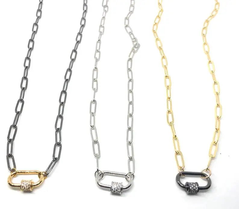 

Gold Chunky Rectangle Chain Lock Necklaces CZ Micro Pave Carabiner Necklace New Design Jewelry For Women, Picture showing