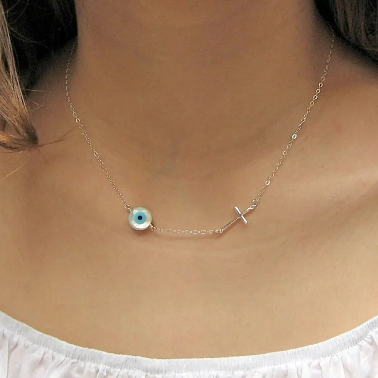 

wholesale handmade shell evil eyes 925 sterling silver sideway cross necklace