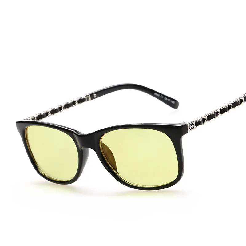 

Anti blue Ray Yellow Lenses Driving design Night PU Leather Chain Leg Anti-Glare night vision sun glasses women