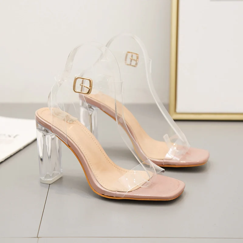 

2021 summer foreign trade Europe and the United States new type transparent one line high heel sandals with crystal heel women's