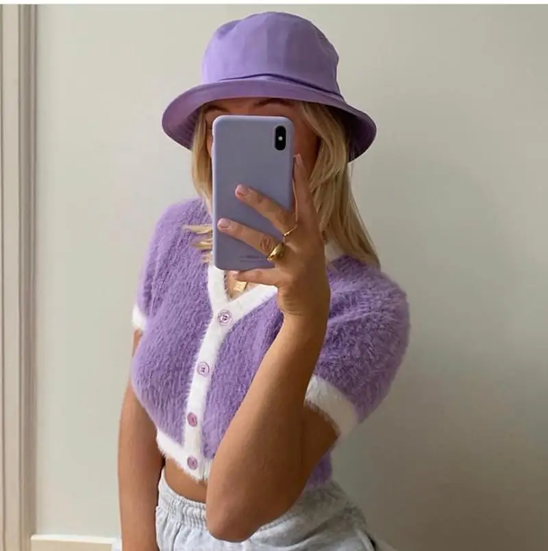 

2020 Spring Korean sweater women vintage pink cardigan knitted cute sweater punk crop sweater knit korean cardigans cute purple