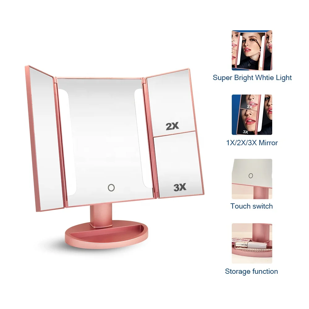 
Design illuminated tri-fold custom table top cosmetic face led light makeup mirror with logo 
