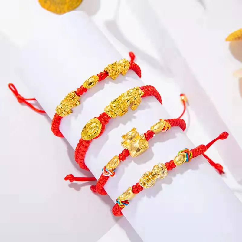 

Vietnamese Sand Gold Six-Word Proverbs Bracelets Ethnic Handmade Braided Red Rope Feng Shui Pi Xiu Bracelets, Picture shows