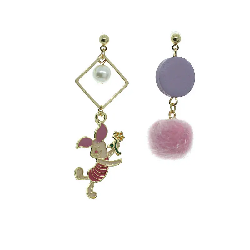 

Enamel cartoon asymmetric earrings personality plush ball pearl earrings