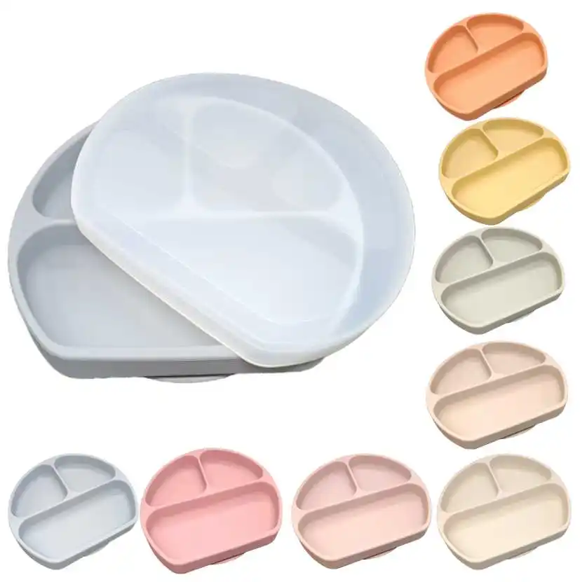 

New Arrival Non Slip Food Grade Silicone Suction Plate Divided for Toddler Kids Silicone Baby Suction Plate With Lid, Customized color