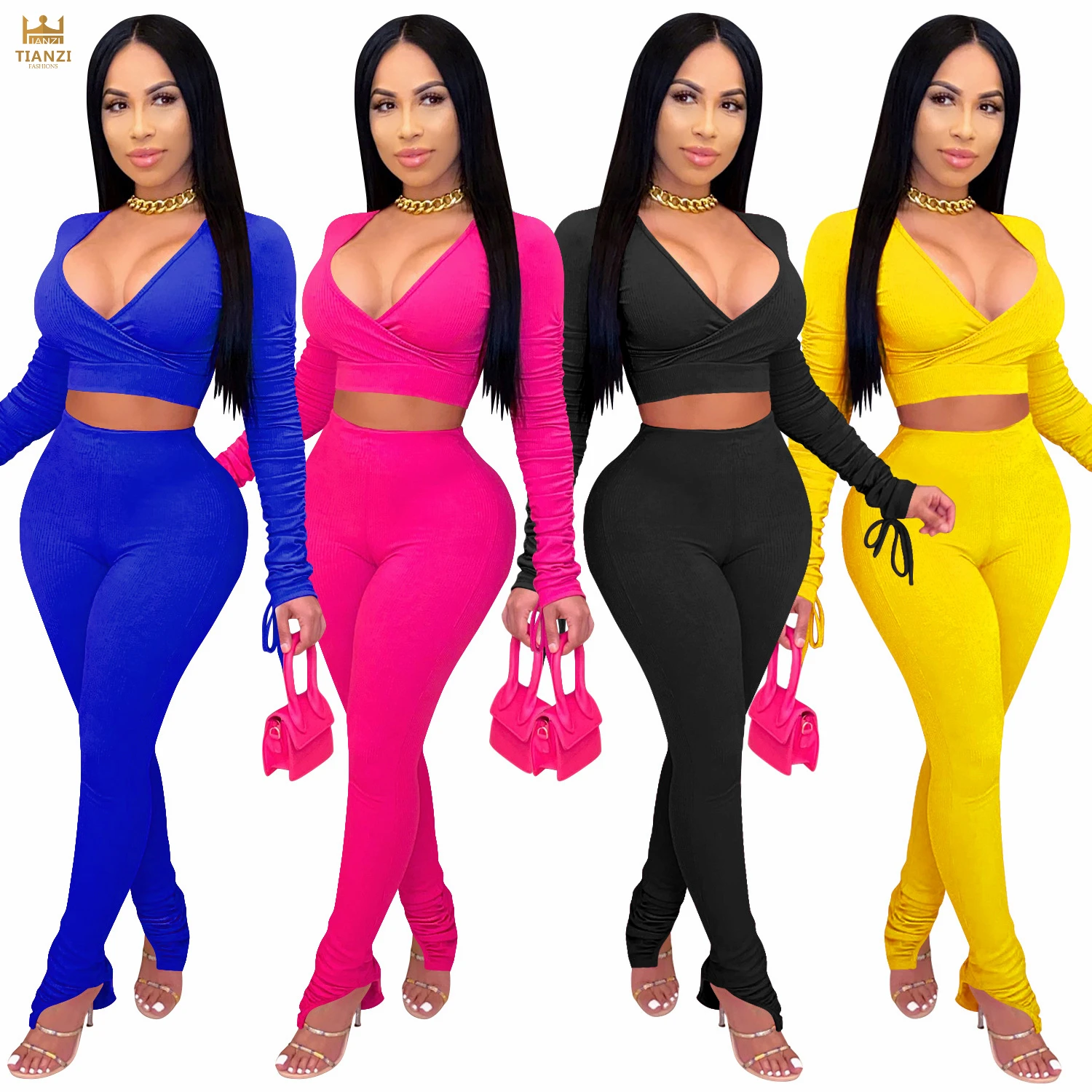 

X5434 - women new fashion long sleeve pleated crop top and pants solid 2 piece set