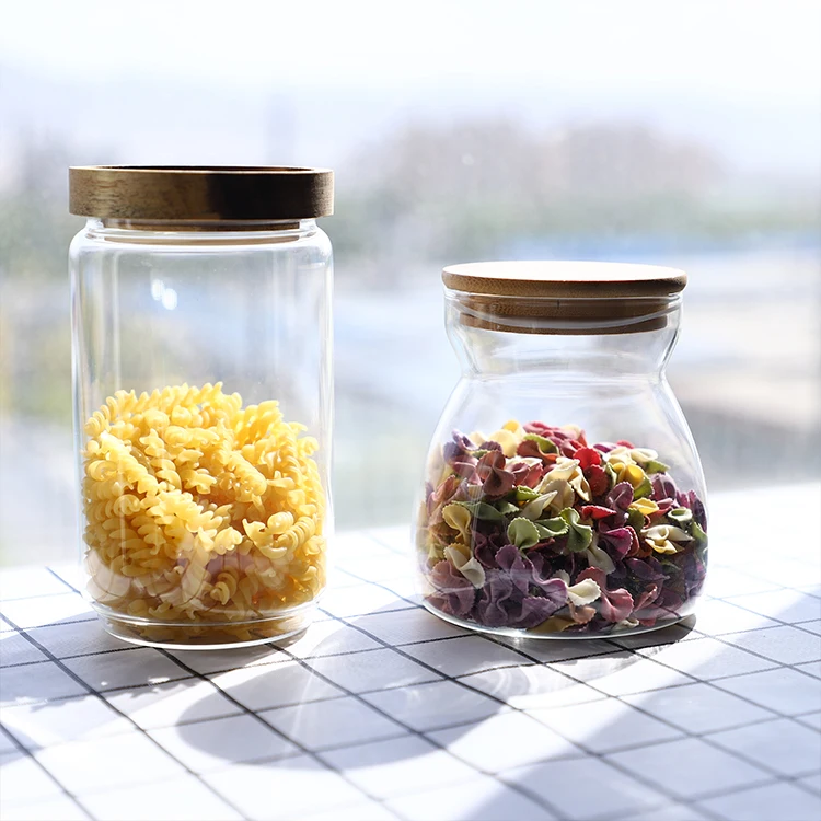 

Home Use Glass Kitchen Canisters Bamboo Lids Clear Glass Food Storage Jar, Colored,customized color